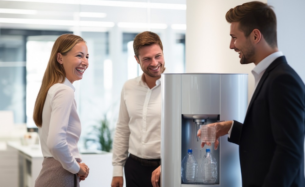 Drei Kollegen in einer Firma versammeln sich vor dem neuen Wasserspender von einer Fachfirma von Wasserspendern zu einer Besprechung