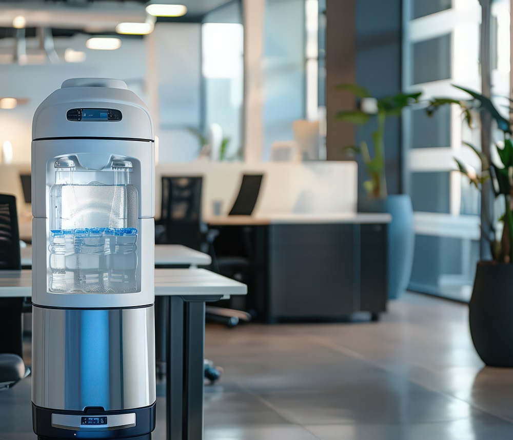 Ein Wasserspender eines Speialisten für Wasserspender steht im Aufenhaltsraum eines Büros und versorgt die Angestellten mit frischem Wasser